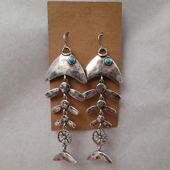 Vintage Inspired Boho Fish Bone Dangle Earrings With Turquoise Accents - Picture 12 of 13